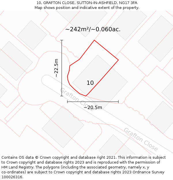 10, GRAFTON CLOSE, SUTTON-IN-ASHFIELD, NG17 3FA: Plot and title map