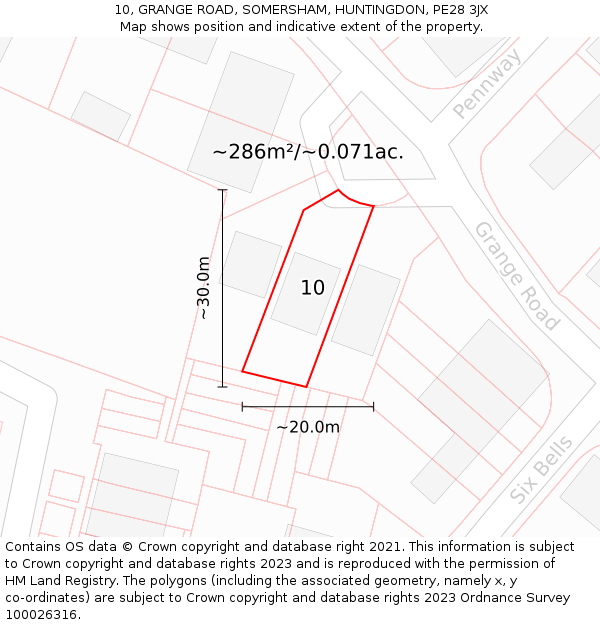 10, GRANGE ROAD, SOMERSHAM, HUNTINGDON, PE28 3JX: Plot and title map