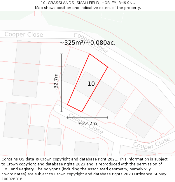 10, GRASSLANDS, SMALLFIELD, HORLEY, RH6 9NU: Plot and title map