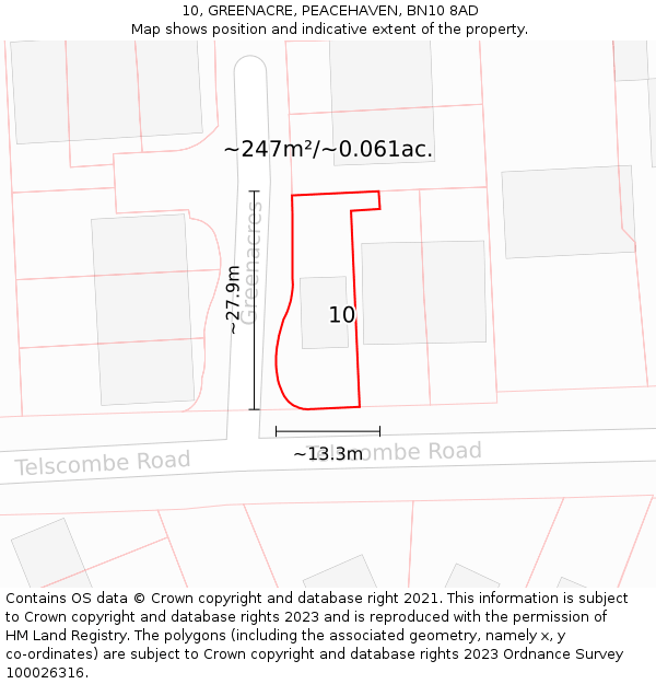 10, GREENACRE, PEACEHAVEN, BN10 8AD: Plot and title map