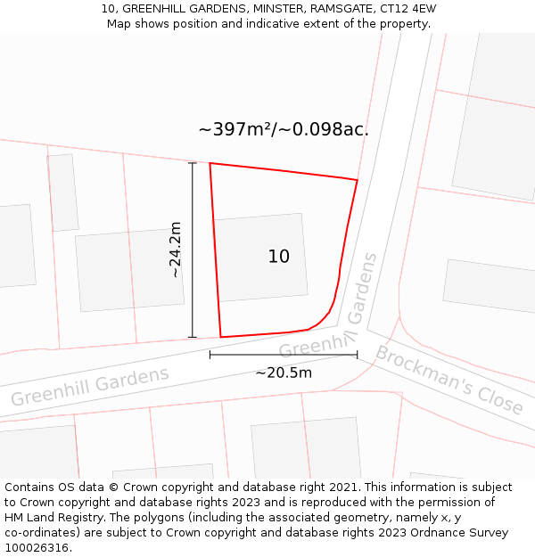 10, GREENHILL GARDENS, MINSTER, RAMSGATE, CT12 4EW: Plot and title map