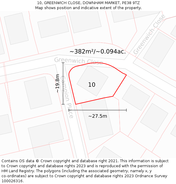 10, GREENWICH CLOSE, DOWNHAM MARKET, PE38 9TZ: Plot and title map