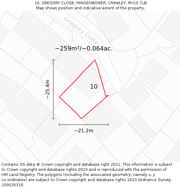 10, GREGORY CLOSE, MAIDENBOWER, CRAWLEY, RH10 7LB: Plot and title map