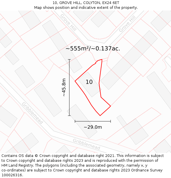 10, GROVE HILL, COLYTON, EX24 6ET: Plot and title map