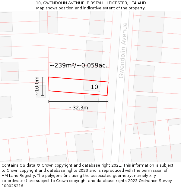 10, GWENDOLIN AVENUE, BIRSTALL, LEICESTER, LE4 4HD: Plot and title map