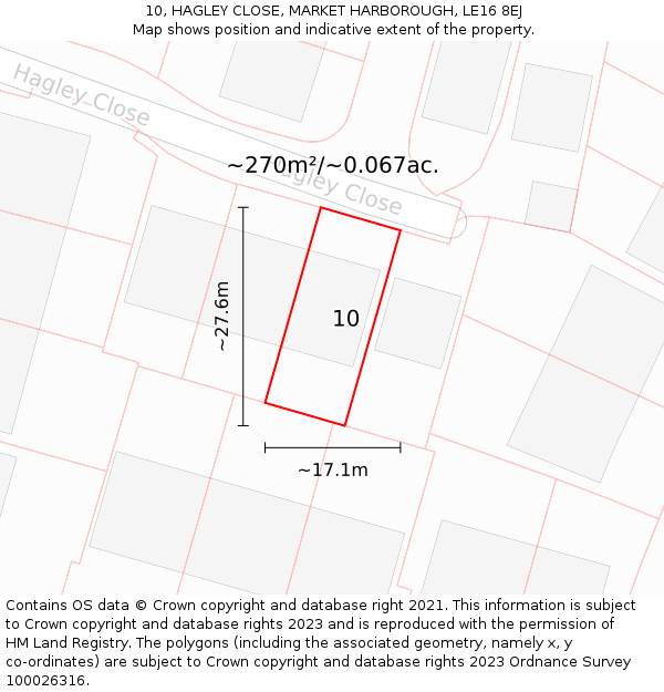 10, HAGLEY CLOSE, MARKET HARBOROUGH, LE16 8EJ: Plot and title map