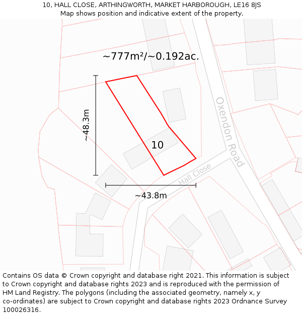 10, HALL CLOSE, ARTHINGWORTH, MARKET HARBOROUGH, LE16 8JS: Plot and title map