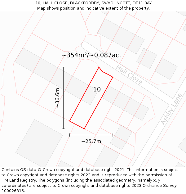 10, HALL CLOSE, BLACKFORDBY, SWADLINCOTE, DE11 8AY: Plot and title map