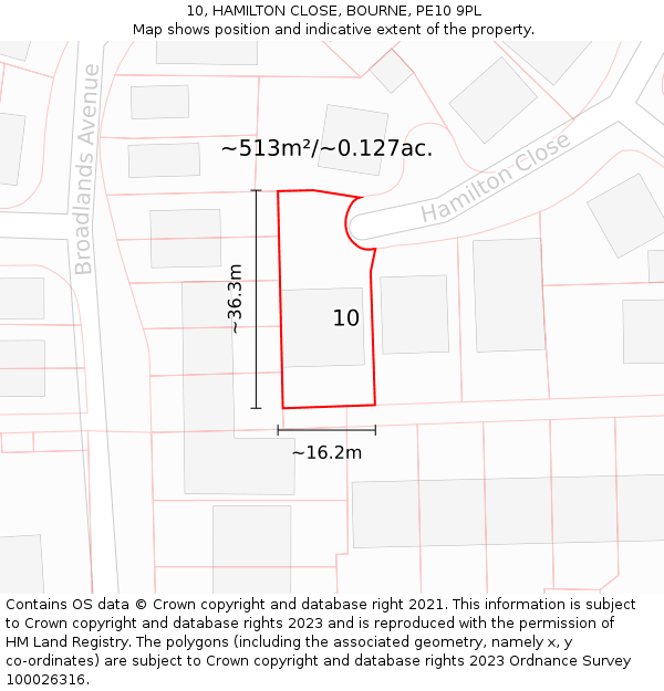 10, HAMILTON CLOSE, BOURNE, PE10 9PL: Plot and title map