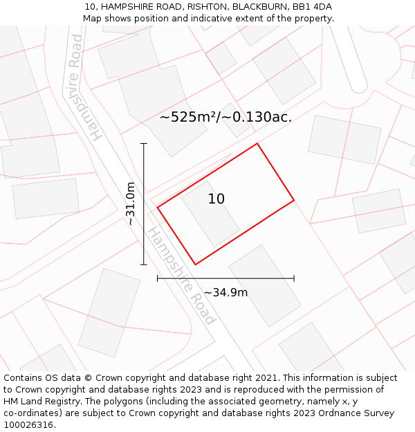 10, HAMPSHIRE ROAD, RISHTON, BLACKBURN, BB1 4DA: Plot and title map