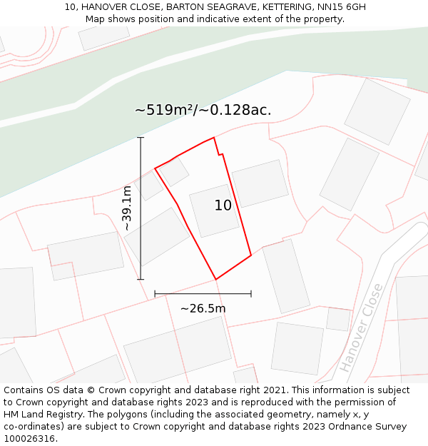 10, HANOVER CLOSE, BARTON SEAGRAVE, KETTERING, NN15 6GH: Plot and title map