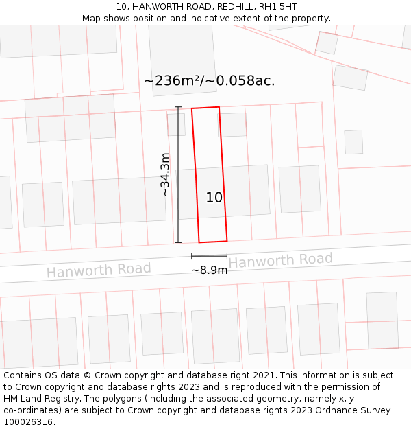 10, HANWORTH ROAD, REDHILL, RH1 5HT: Plot and title map