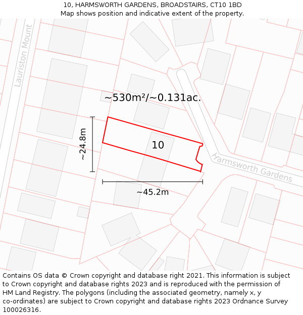 10, HARMSWORTH GARDENS, BROADSTAIRS, CT10 1BD: Plot and title map