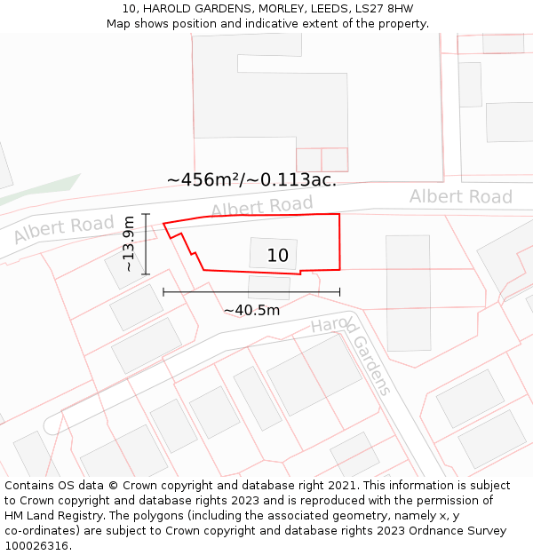 10, HAROLD GARDENS, MORLEY, LEEDS, LS27 8HW: Plot and title map