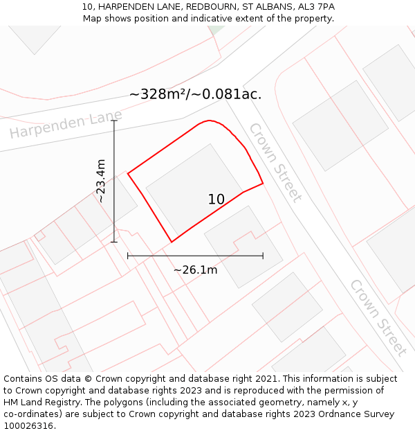 10, HARPENDEN LANE, REDBOURN, ST ALBANS, AL3 7PA: Plot and title map