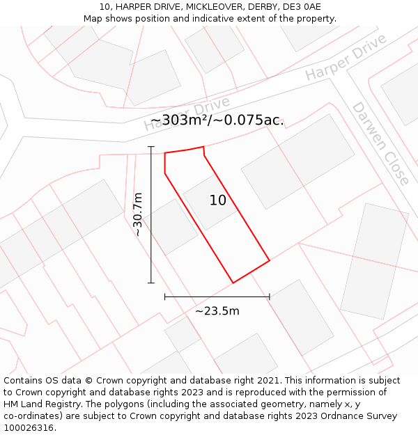 10, HARPER DRIVE, MICKLEOVER, DERBY, DE3 0AE: Plot and title map