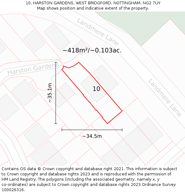 10, HARSTON GARDENS, WEST BRIDGFORD, NOTTINGHAM, NG2 7UY: Plot and title map