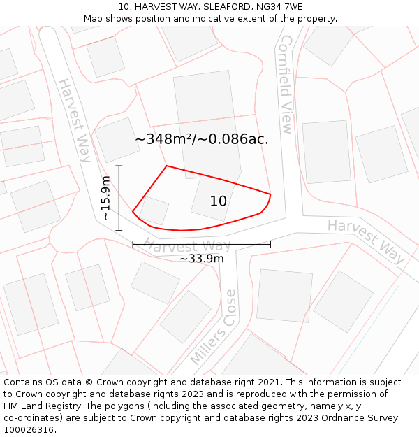 10, HARVEST WAY, SLEAFORD, NG34 7WE: Plot and title map