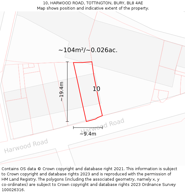 10, HARWOOD ROAD, TOTTINGTON, BURY, BL8 4AE: Plot and title map