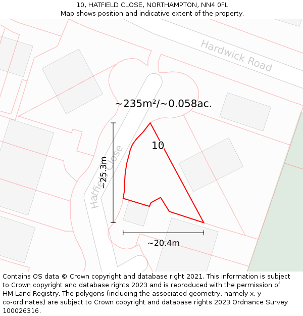 10, HATFIELD CLOSE, NORTHAMPTON, NN4 0FL: Plot and title map