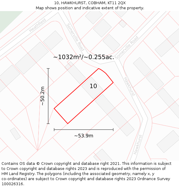 10, HAWKHURST, COBHAM, KT11 2QX: Plot and title map