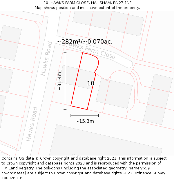 10, HAWKS FARM CLOSE, HAILSHAM, BN27 1NF: Plot and title map