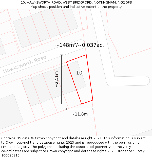 10, HAWKSWORTH ROAD, WEST BRIDGFORD, NOTTINGHAM, NG2 5FS: Plot and title map