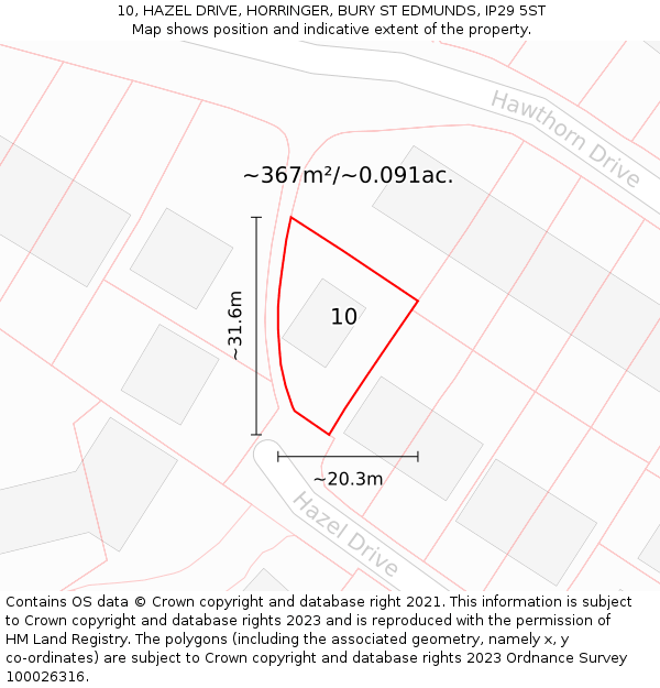 10, HAZEL DRIVE, HORRINGER, BURY ST EDMUNDS, IP29 5ST: Plot and title map