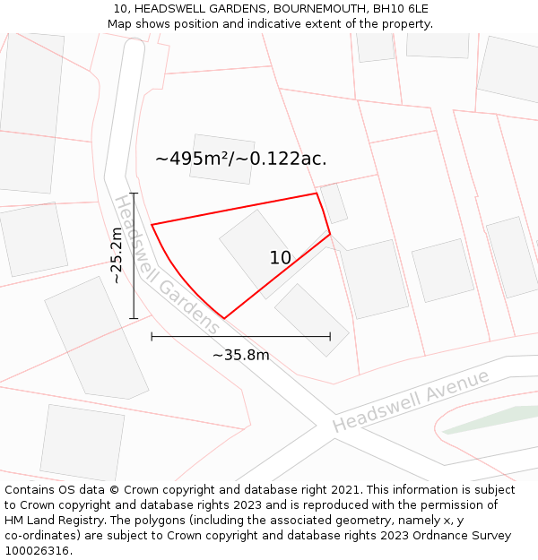 10, HEADSWELL GARDENS, BOURNEMOUTH, BH10 6LE: Plot and title map