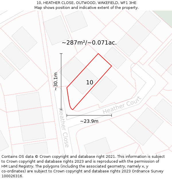 10, HEATHER CLOSE, OUTWOOD, WAKEFIELD, WF1 3HE: Plot and title map