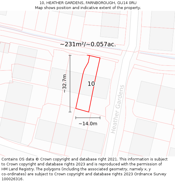 10, HEATHER GARDENS, FARNBOROUGH, GU14 0RU: Plot and title map