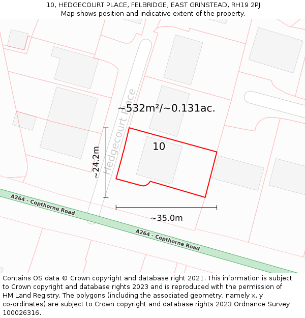 10, HEDGECOURT PLACE, FELBRIDGE, EAST GRINSTEAD, RH19 2PJ: Plot and title map