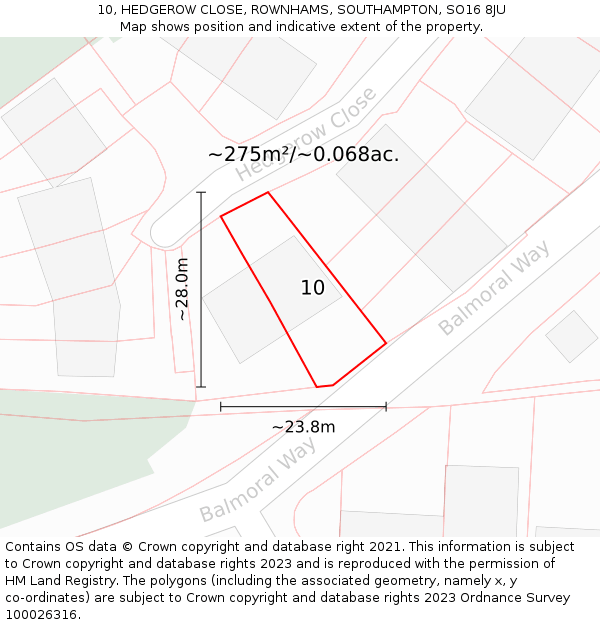 10, HEDGEROW CLOSE, ROWNHAMS, SOUTHAMPTON, SO16 8JU: Plot and title map