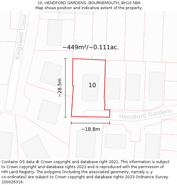 10, HENDFORD GARDENS, BOURNEMOUTH, BH10 5BA: Plot and title map