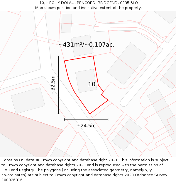 10, HEOL Y DOLAU, PENCOED, BRIDGEND, CF35 5LQ: Plot and title map