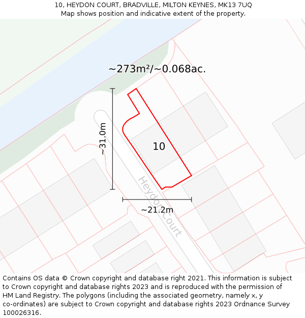 10, HEYDON COURT, BRADVILLE, MILTON KEYNES, MK13 7UQ: Plot and title map