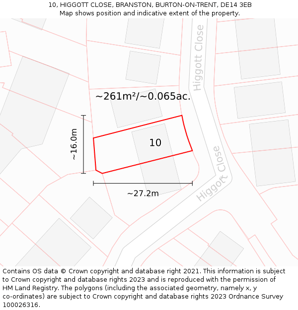 10, HIGGOTT CLOSE, BRANSTON, BURTON-ON-TRENT, DE14 3EB: Plot and title map