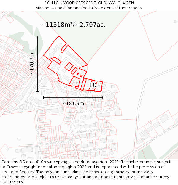 10, HIGH MOOR CRESCENT, OLDHAM, OL4 2SN: Plot and title map