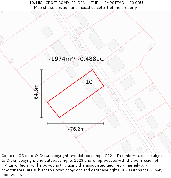 10, HIGHCROFT ROAD, FELDEN, HEMEL HEMPSTEAD, HP3 0BU: Plot and title map