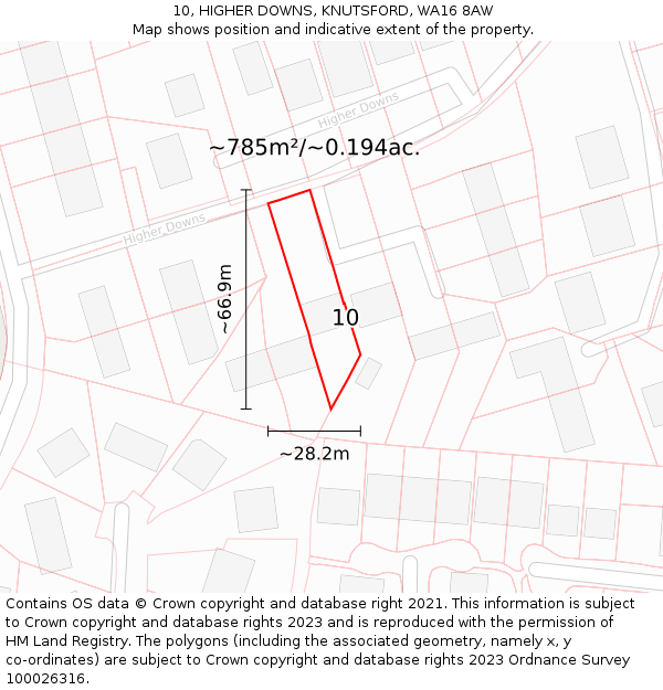 10, HIGHER DOWNS, KNUTSFORD, WA16 8AW: Plot and title map