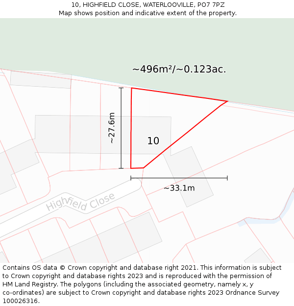 10, HIGHFIELD CLOSE, WATERLOOVILLE, PO7 7PZ: Plot and title map