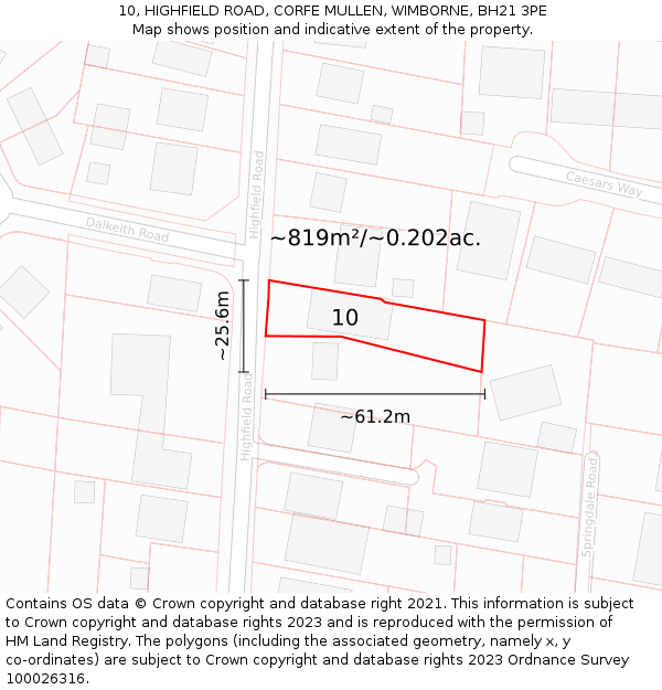 10, HIGHFIELD ROAD, CORFE MULLEN, WIMBORNE, BH21 3PE: Plot and title map