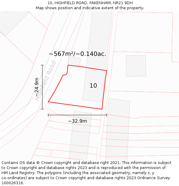 10, HIGHFIELD ROAD, FAKENHAM, NR21 9DH: Plot and title map