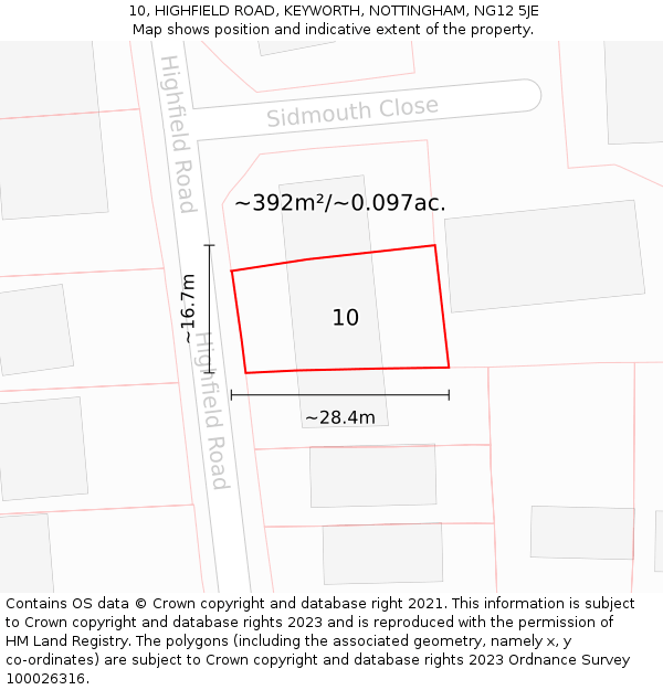 10, HIGHFIELD ROAD, KEYWORTH, NOTTINGHAM, NG12 5JE: Plot and title map