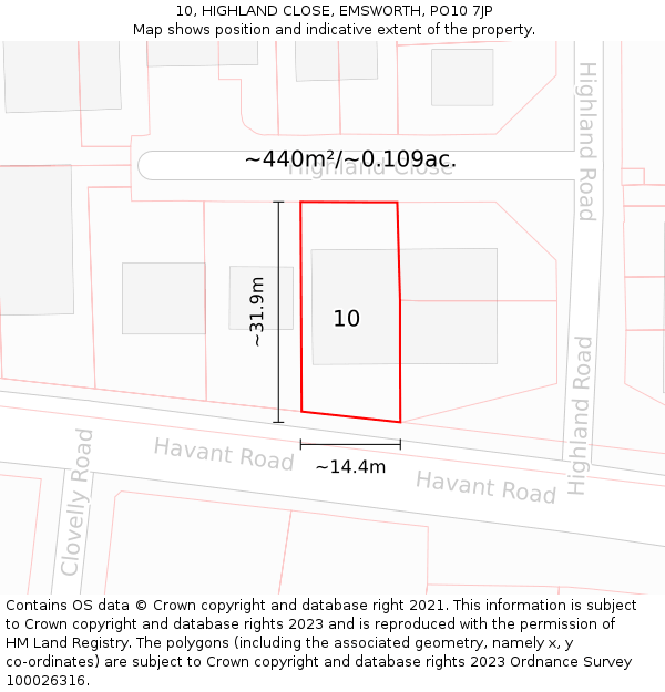 10, HIGHLAND CLOSE, EMSWORTH, PO10 7JP: Plot and title map