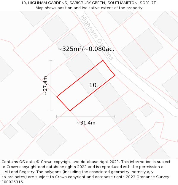 10, HIGHNAM GARDENS, SARISBURY GREEN, SOUTHAMPTON, SO31 7TL: Plot and title map