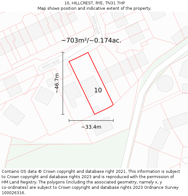 10, HILLCREST, RYE, TN31 7HP: Plot and title map