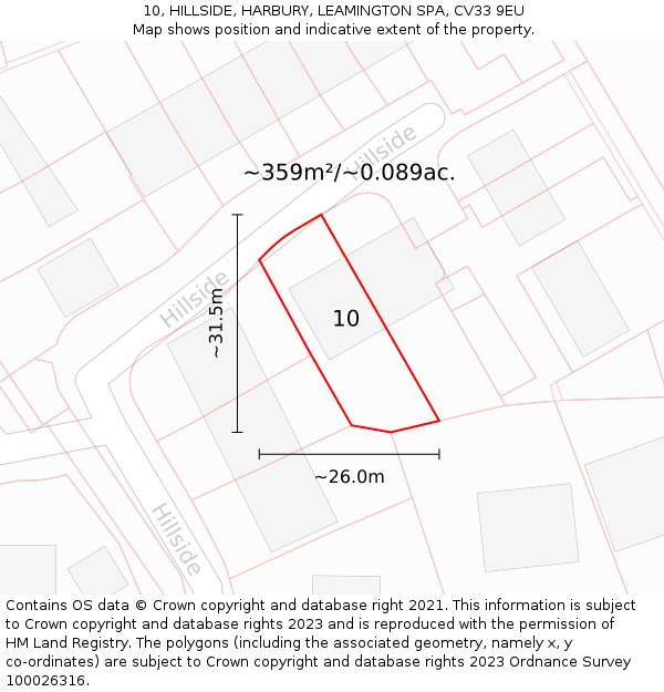 10, HILLSIDE, HARBURY, LEAMINGTON SPA, CV33 9EU: Plot and title map