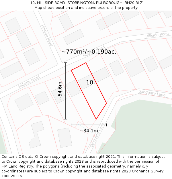 10, HILLSIDE ROAD, STORRINGTON, PULBOROUGH, RH20 3LZ: Plot and title map