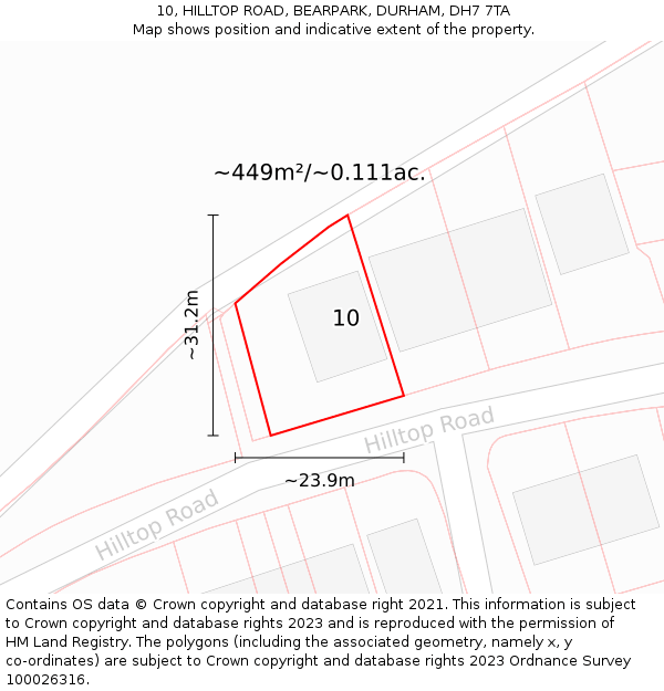 10, HILLTOP ROAD, BEARPARK, DURHAM, DH7 7TA: Plot and title map